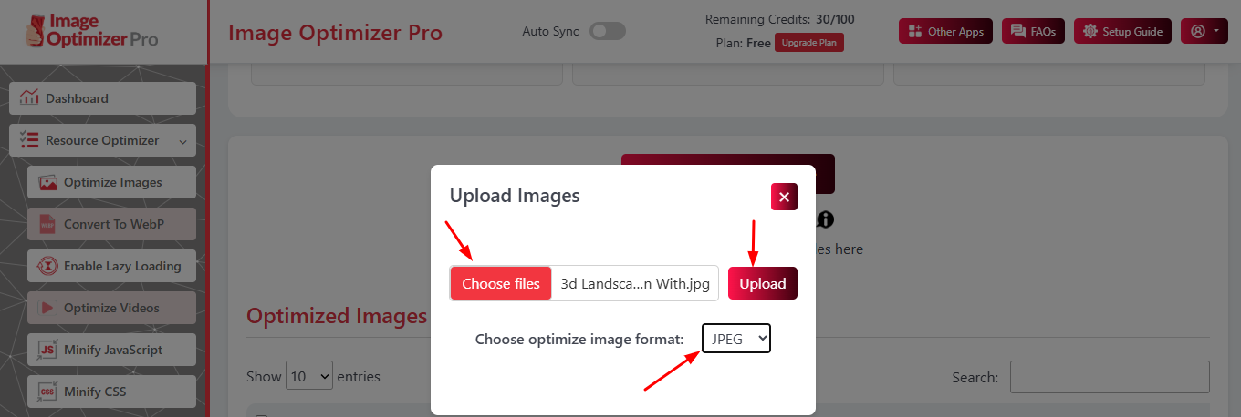 Choose your file to compress on Image Optimizer Pro