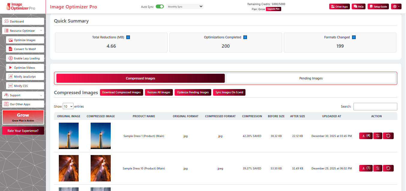 Image Optimizer Pro Ecwid Dashboard