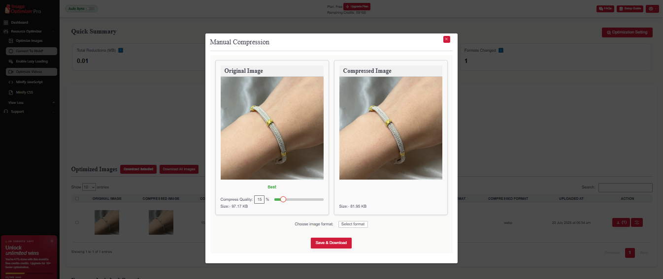 Manual Compression settings interface in Image Optimizer Pro showing Original vs Compressed image side-by-side comparison.