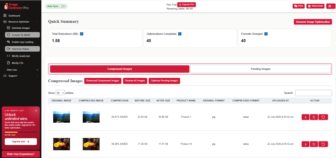Image Optimizer Pro dashboard showing automatic image compression quick summary and compressed image list.